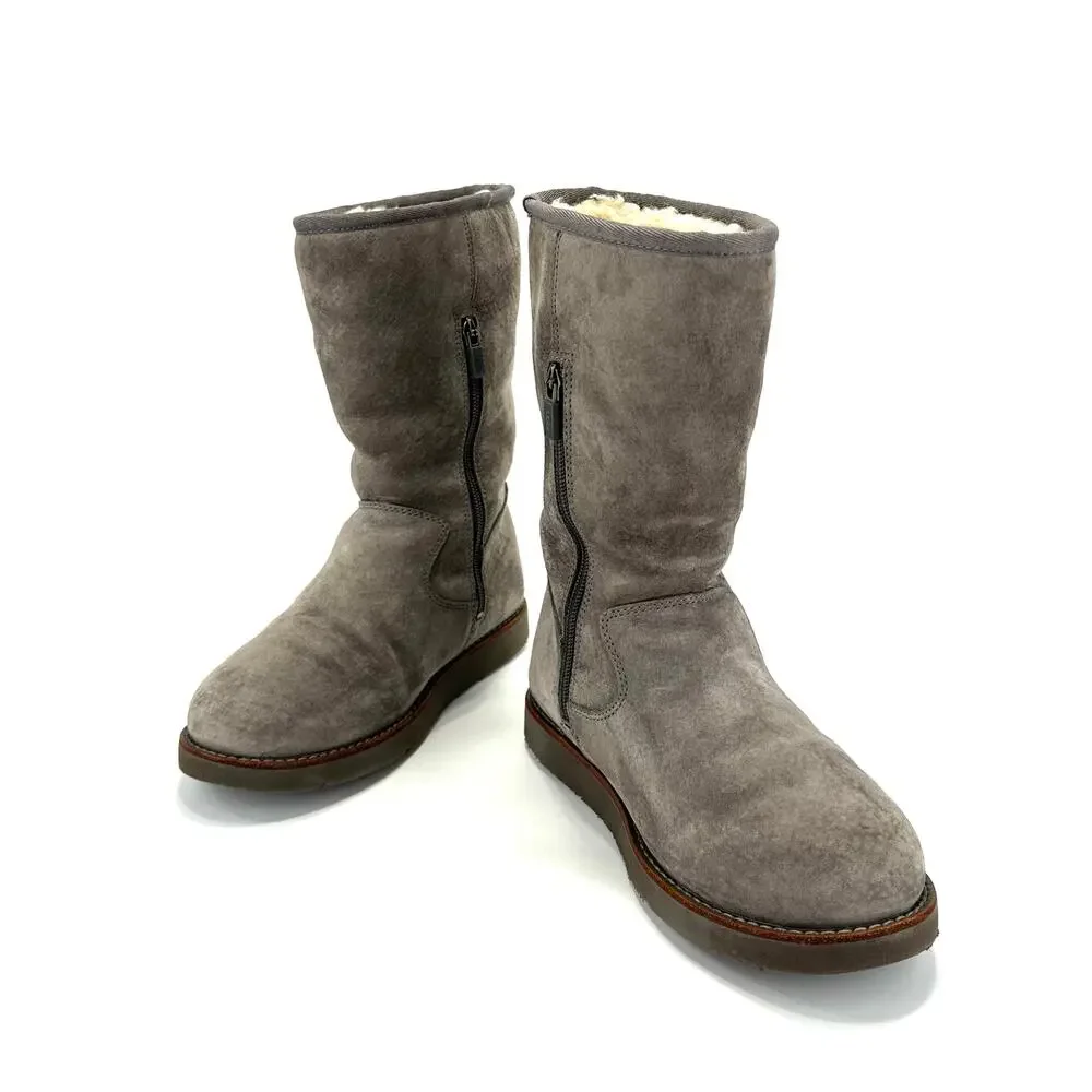 UGG Australia Gray Short Winter Boot Sz 6 Suede Wool Cold Weather Flat Mid-Calf